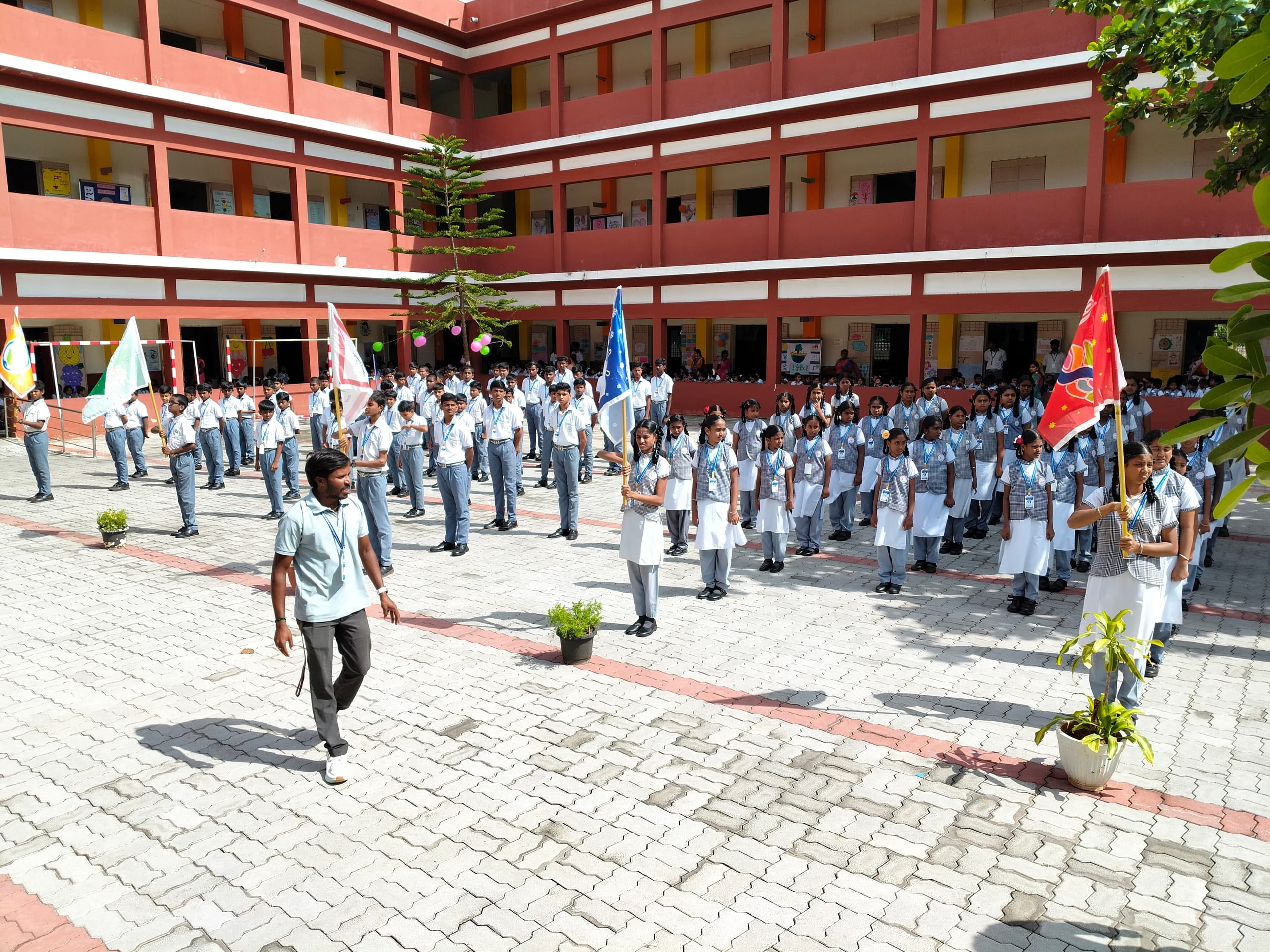 Students lined up in the school courtyard