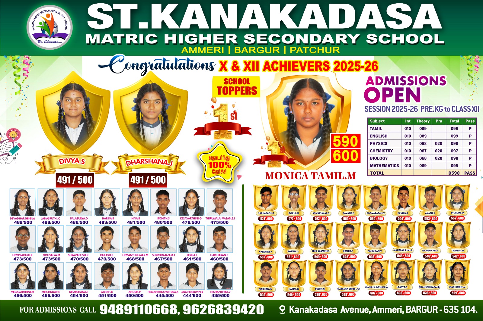 St. Kanakadasa — X & XII Achievers 2025-26 and Admissions Open for 2025-26 (Pre-KG to Class XII). For admissions call 94891 10668, 9626839420.